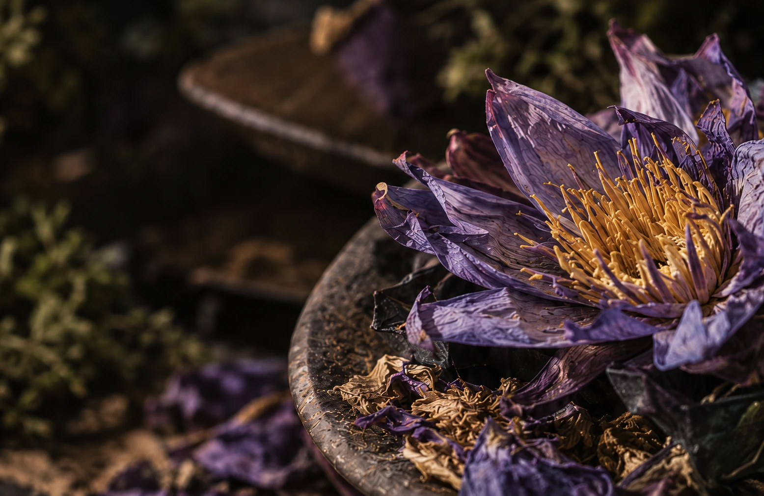 自然光下的乾燥藍睡蓮，紫色花瓣與金色花蕊的植物意象